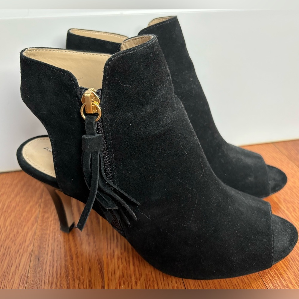 Adrienne Vittadini Av-Gallina Black Suede Open Toe Side Zip Bootie 3 in. Heel